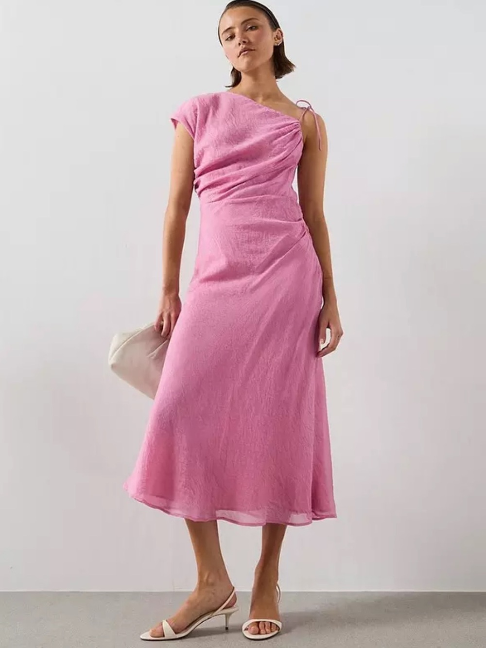 Mango Pink One-Shoulder Midi Dress with Draped Detail
